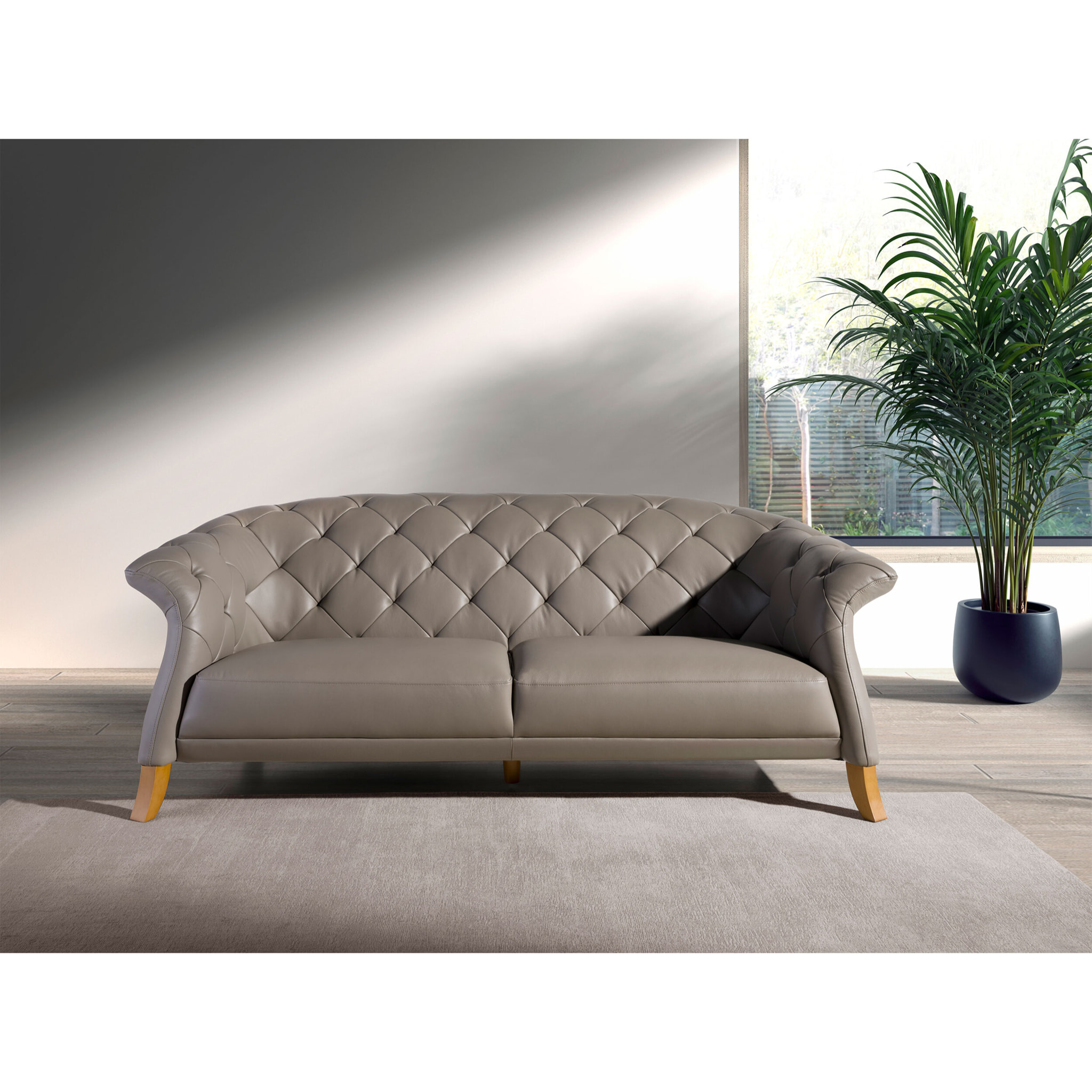 Sofá Chester de 2 plazas tapizado en piel de origen vacuno en gris patas de madera en miel 207x104x82cm
