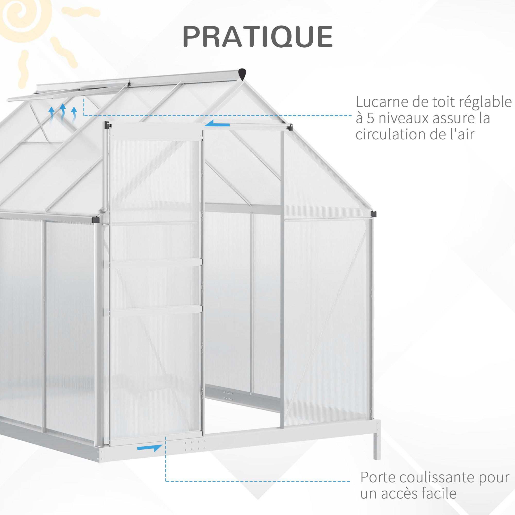 Serre de jardin aluminium polycarbonate 4,8 m² dim. 2,53L x 1,9l x 2H m lucarne réglable fondation porte coulissante