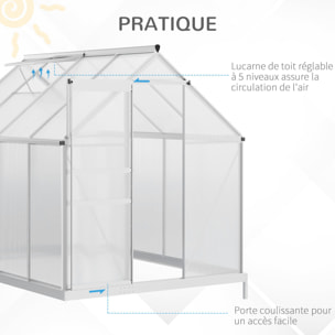 Serre de jardin aluminium polycarbonate 4,8 m² dim. 2,53L x 1,9l x 2H m lucarne réglable fondation porte coulissante