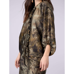 Oltre - Blusa in raso fantasia con volant - Verde