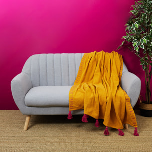 Plaid - HOME DECO FACTORY - Surpiqué - Pompons - Jaune - 130 x 150 cm