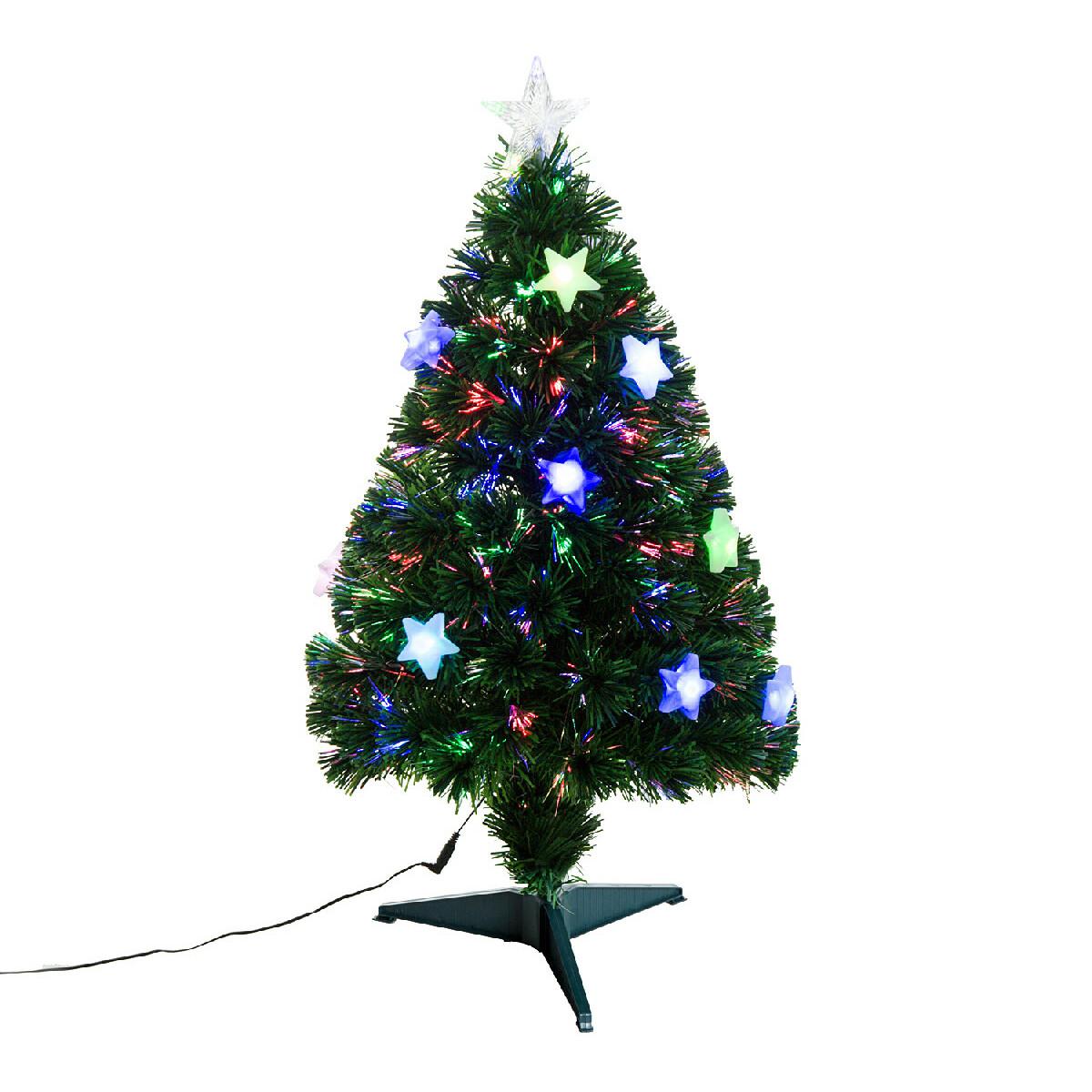 Sapin de Noël artificiel lumineux fibre optique LED multicolore + support pied Ø 45 x 90H cm 90 branches étoile sommet brillante vert