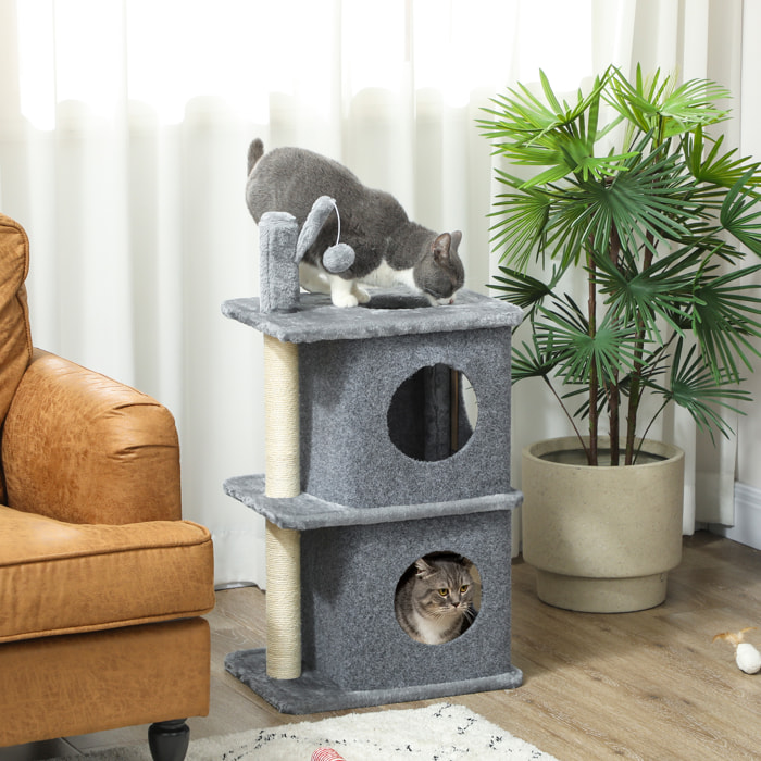 Arbre à chat à 3 niveaux hauteur 80 cm, tour pour chat avec 2 niches et surface de repos confortable, balle amovible, poteau en sisal et peluche douce, pour animal 5 kg, gris foncé