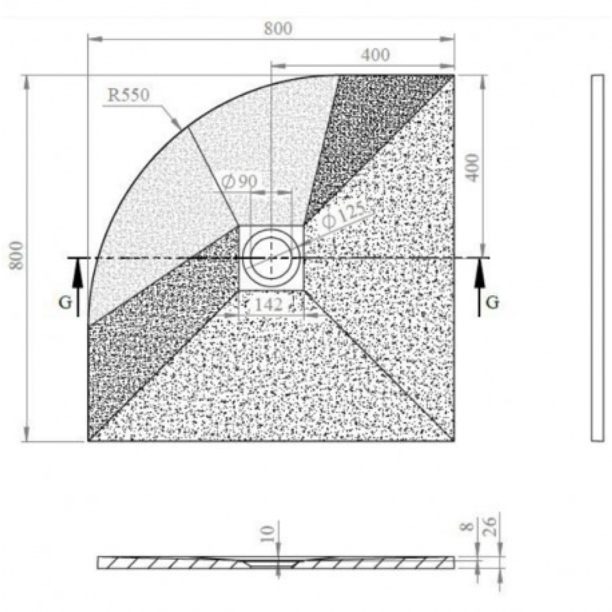 B-Way Receveur de douche quart de rond 80x80cm avec siphon, en marbre coulé, Noir (SATALEK80S-S)