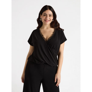 Fiorella Rubino - T-shirt con incrocio e bordi in pizzo - Nero