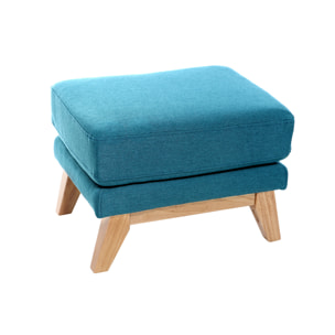 Pouf repose-pieds déhoussable scandinave en tissu bleu canard et bois clair OSLO