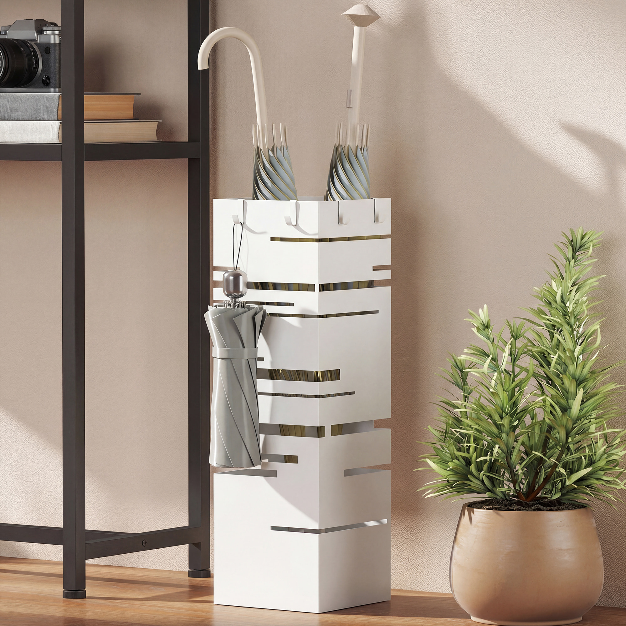 ParagÃƒÂ¼ero Metálico, Soporte de Paraguas con 4 Ganchos y Bandeja de Goteo Extraíble, ParagÃƒÂ¼ero Blanco para Entrada, Oficina, 15,5x15,5x49 cm