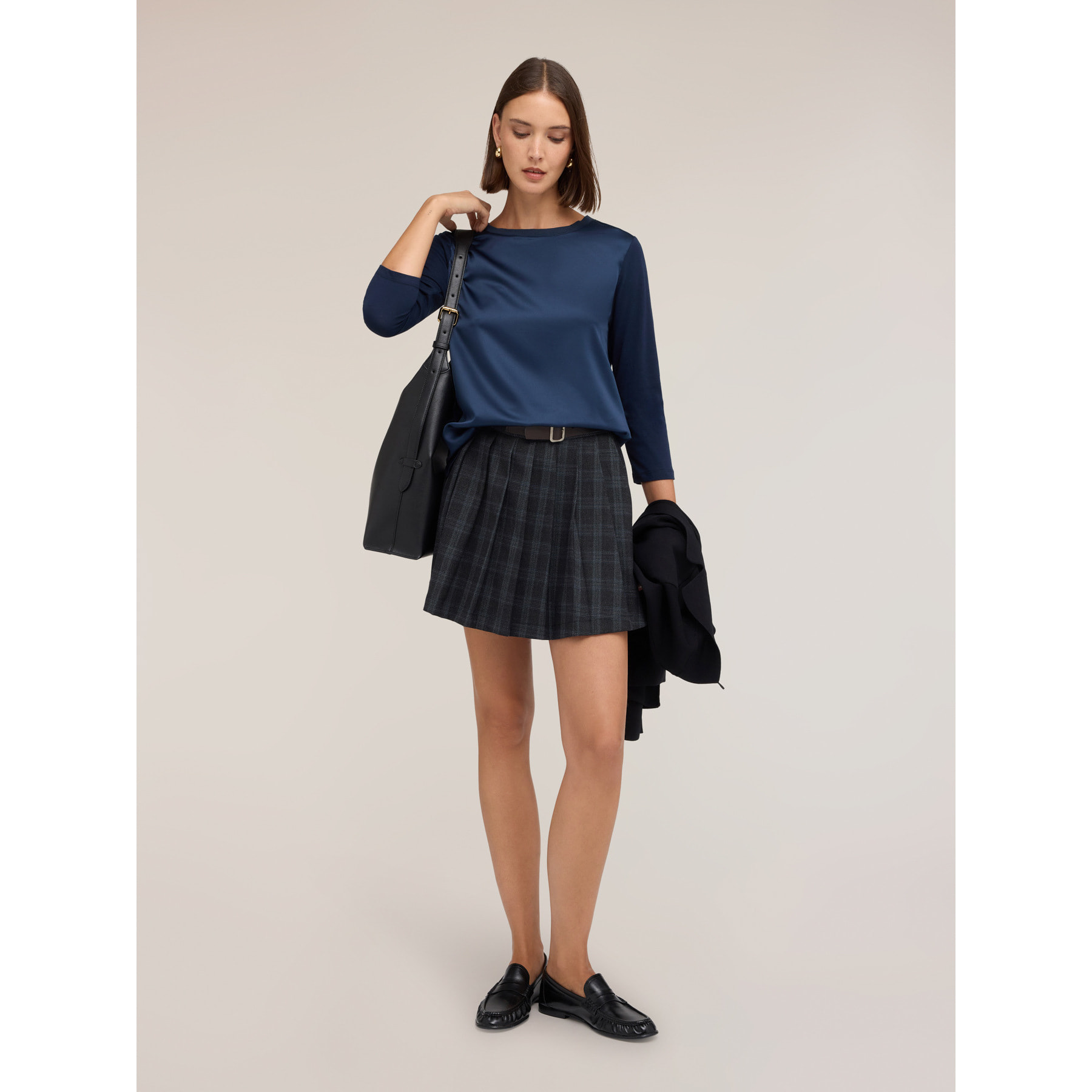 Motivi - T-shirt bimaterica a maniche tre quarti - Blu