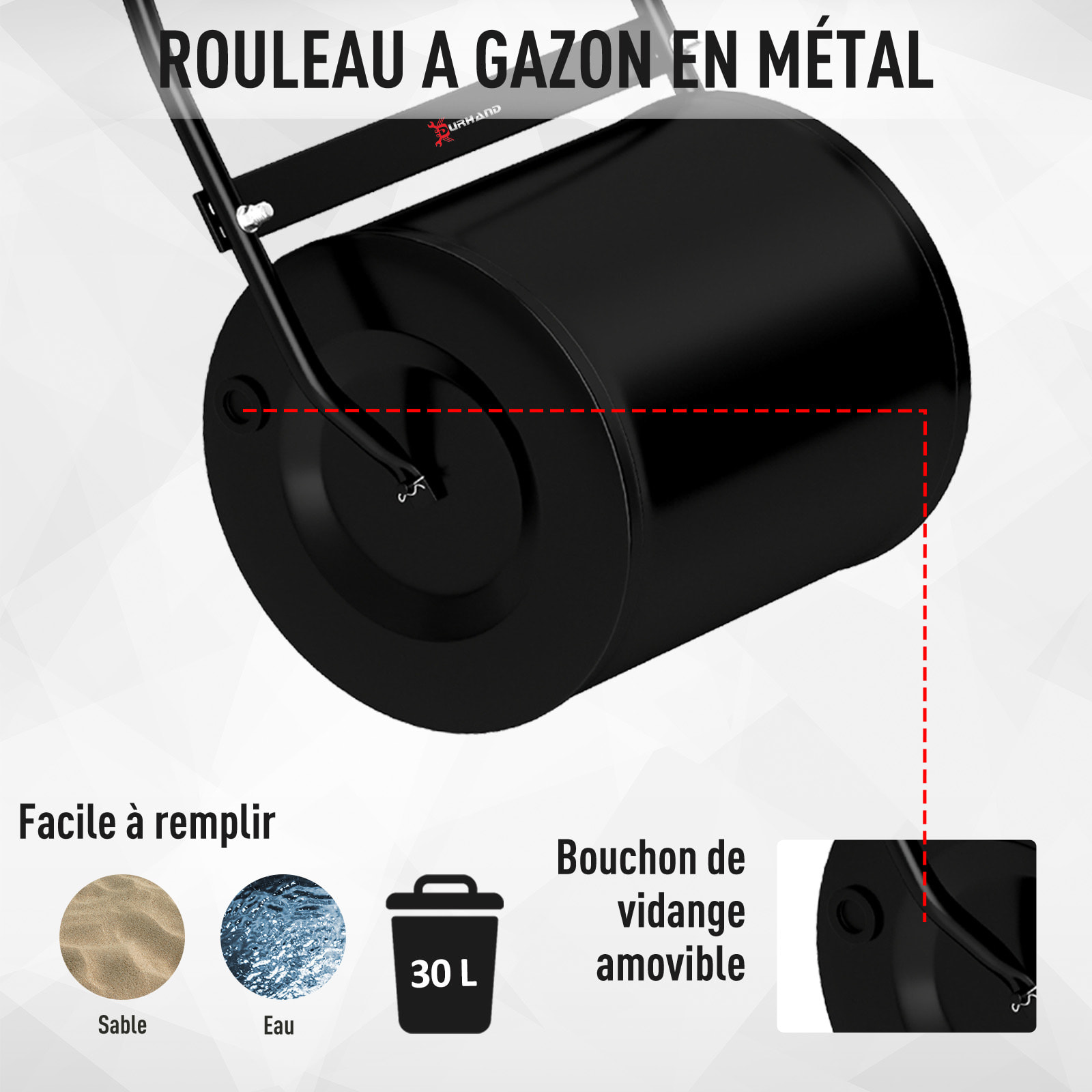 Rouleau à gazon jardin en acier avec poignée dim. 50L x 32l x 108H cm lestage max. 30 L noir