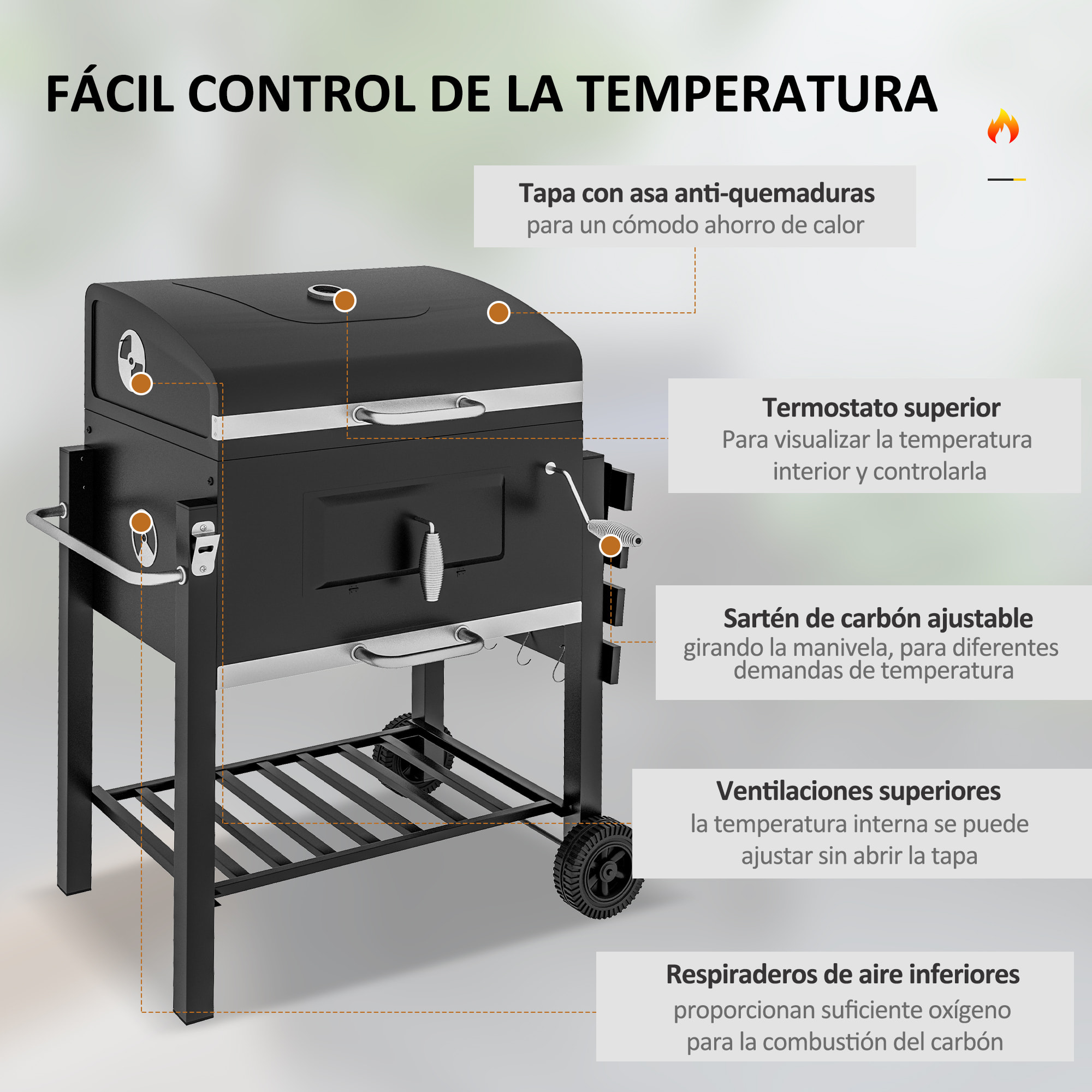 Barbacoa de Carbón con Ruedas Barbacoa con Tapa Parrillas de Acero Inoxidable Termómetro Brasero Ajustable Bandeja Lateral y Estante 113x65x108 cm Negro