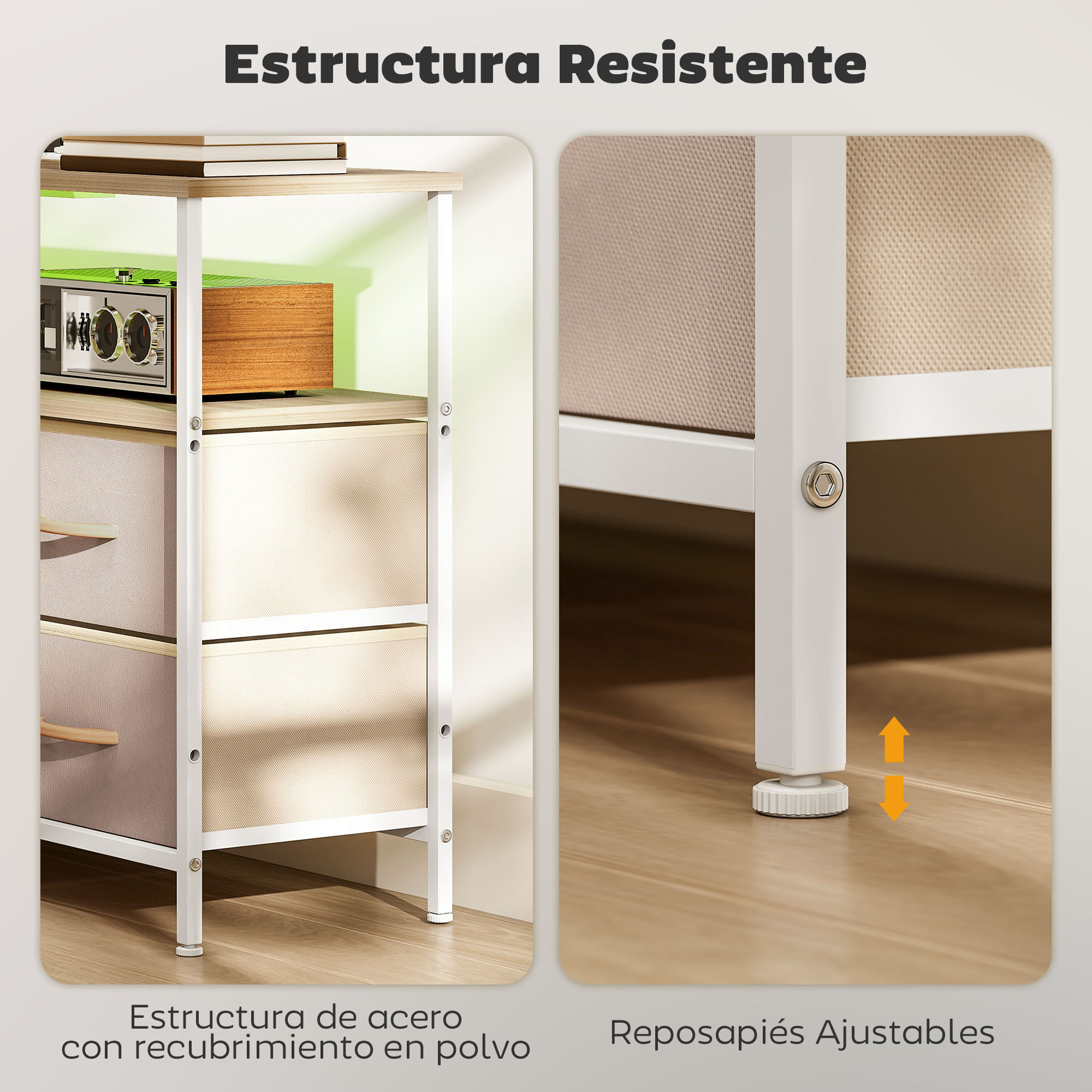 Mueble de TV con Luz LED, Mueble de TV para Salón con Enchufes, Puertos USB, Estantes Abiertos, 4 Cajones de Tela Plegables y Bolsillo, para Televisión hasta 50 Pulgadas, Beige y Natural