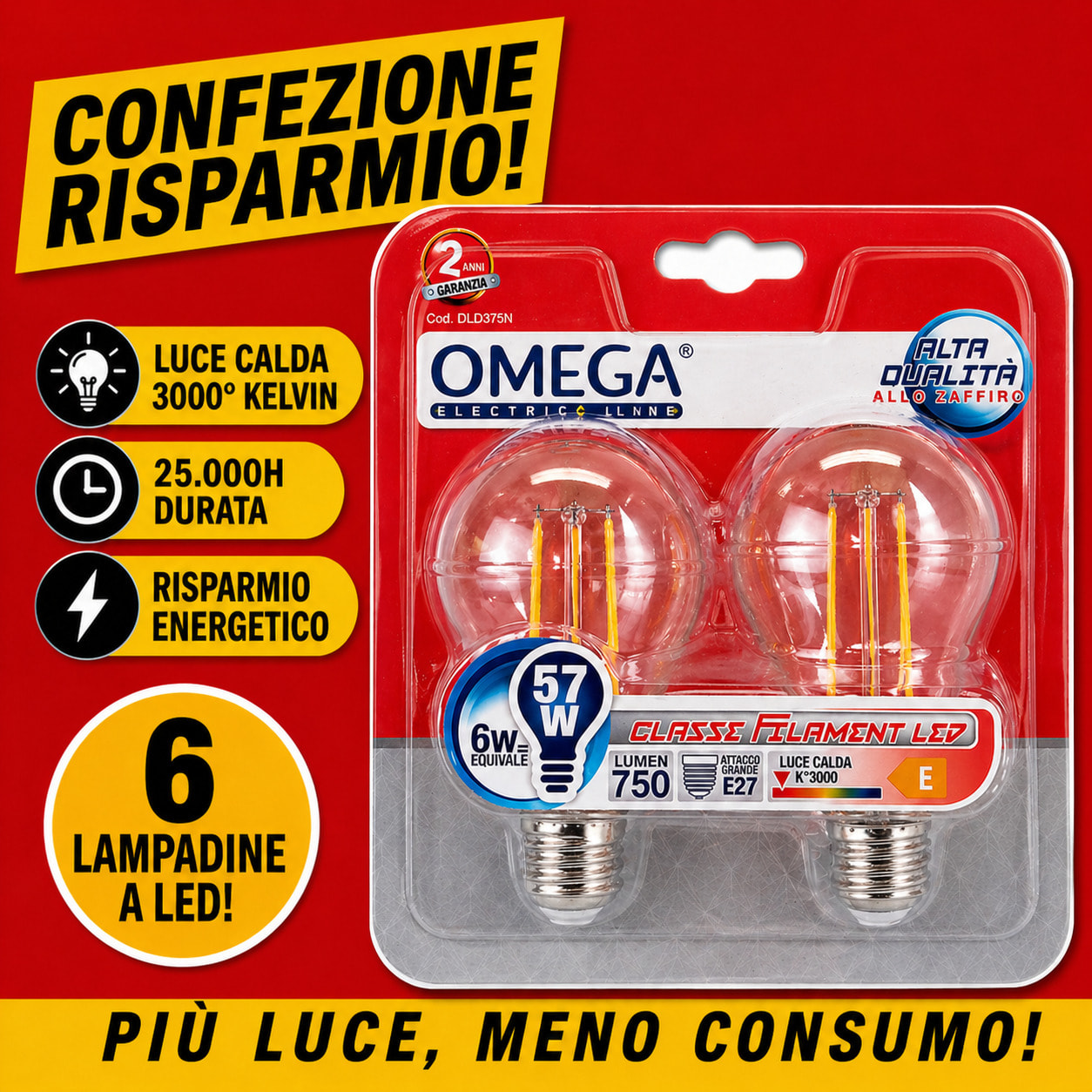 OMEGA Set 6 Lampadine Filament LED 6W E27 3000K