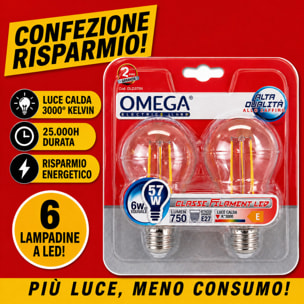 OMEGA Set 6 Lampadine Filament LED 6W E27 3000K