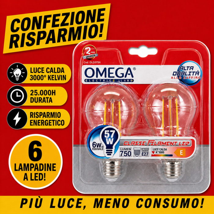OMEGA Set 6 Lampadine Filament LED 6W E27 3000K