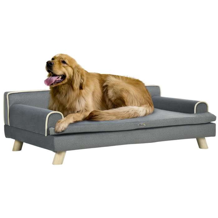 Canapé chien lit pour chien design scandinave coussin moelleux piètement bois dim. 100L x 62l x 32H cm polyester gris