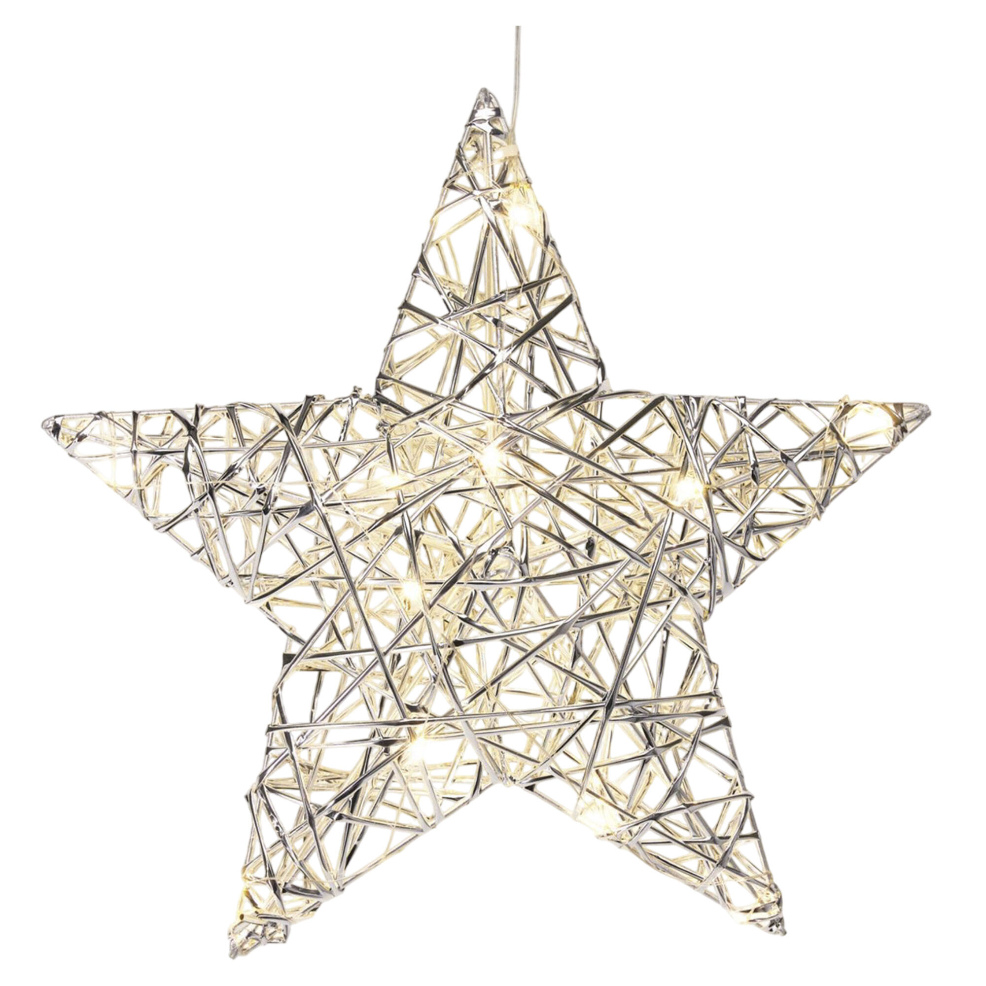 estrella navideña en color plata con 20 luces led blancas cálidas 30x8x30cm