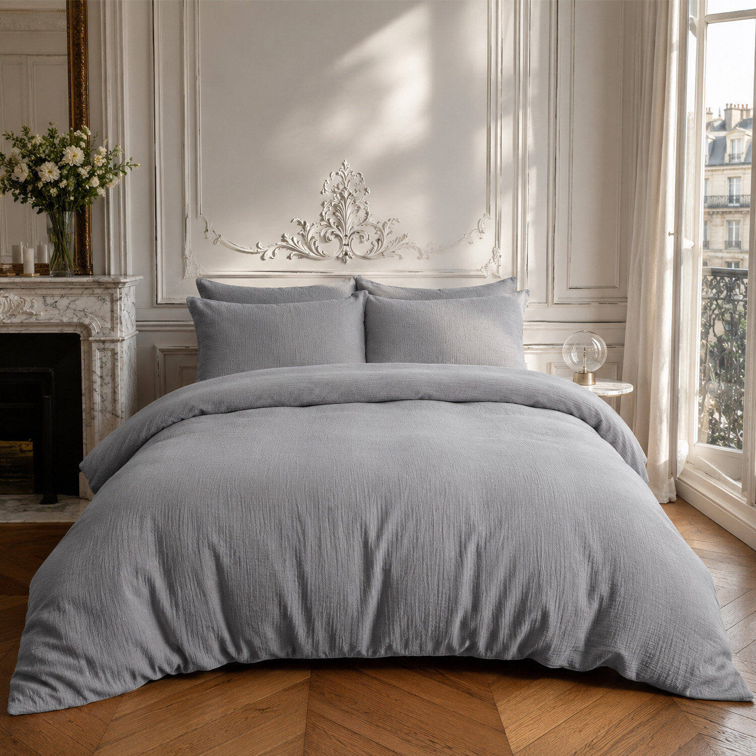 Parure housse de couette 100% gaze de coton unie gris charbon, RELAX
