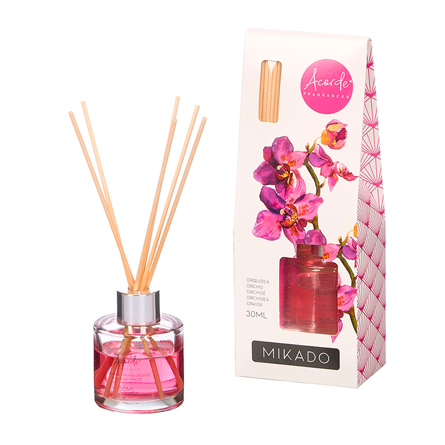 Pacchetto da 12 mikados con profumo di orchidea. Bottiglia da 30ml e 6 bastoncini di fragranza.