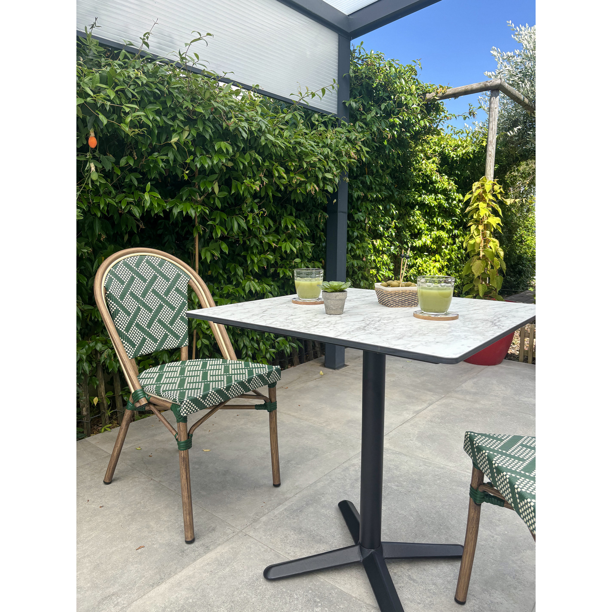 BISTRO - Ensemble repas de jardin 2 places en acier et plateau en HPL