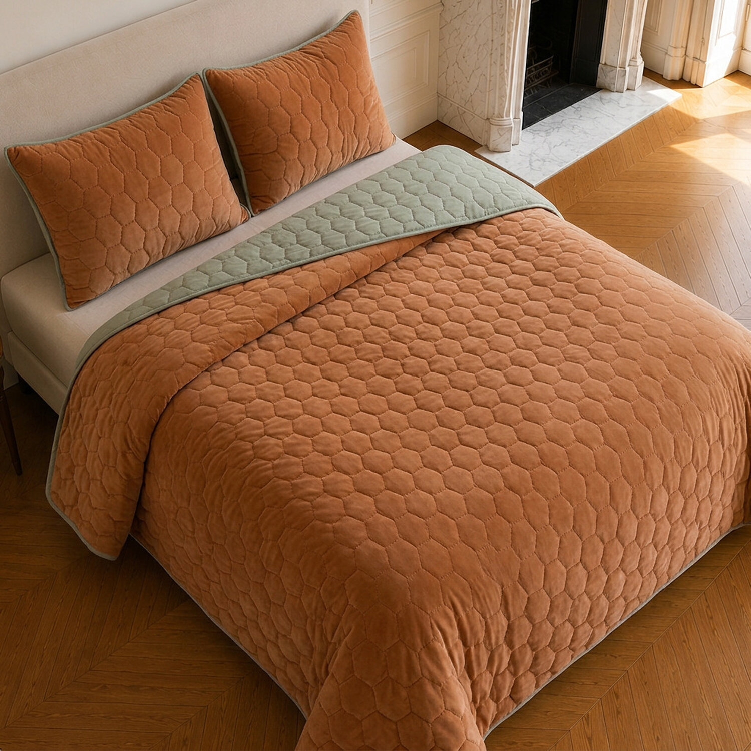Couvre-lit matelassé réversible 100% polyester bicolore terracotta - NAZIM