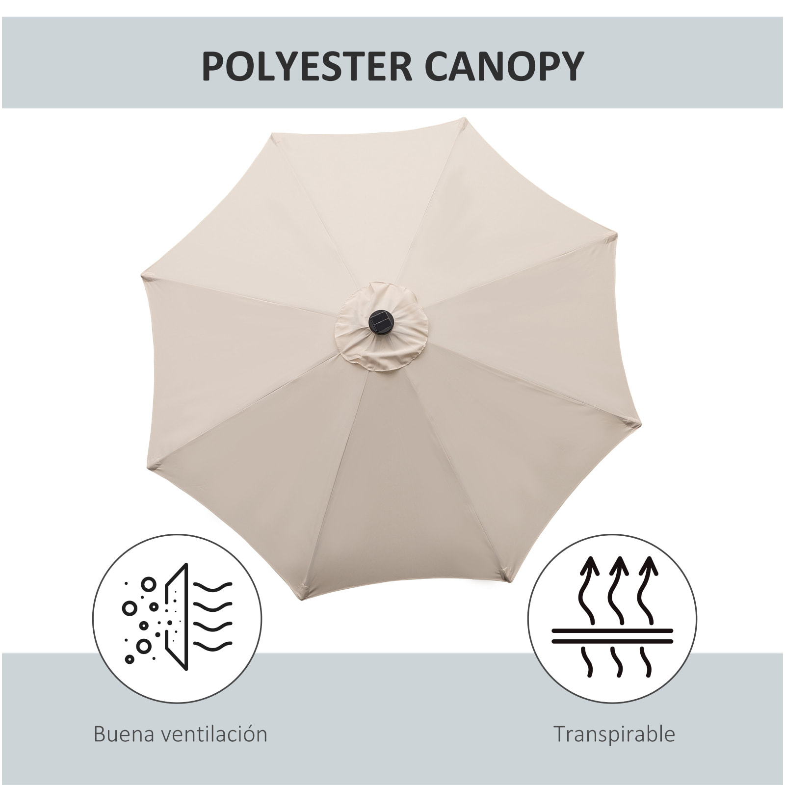 Sombrilla de Jardín Ø268x238 cm Parasol de Terraza con 24 Luces LED Solar Mecanismo de Inclinación Manivela y Poste Desmontable de Metal para Piscina Patio Crema