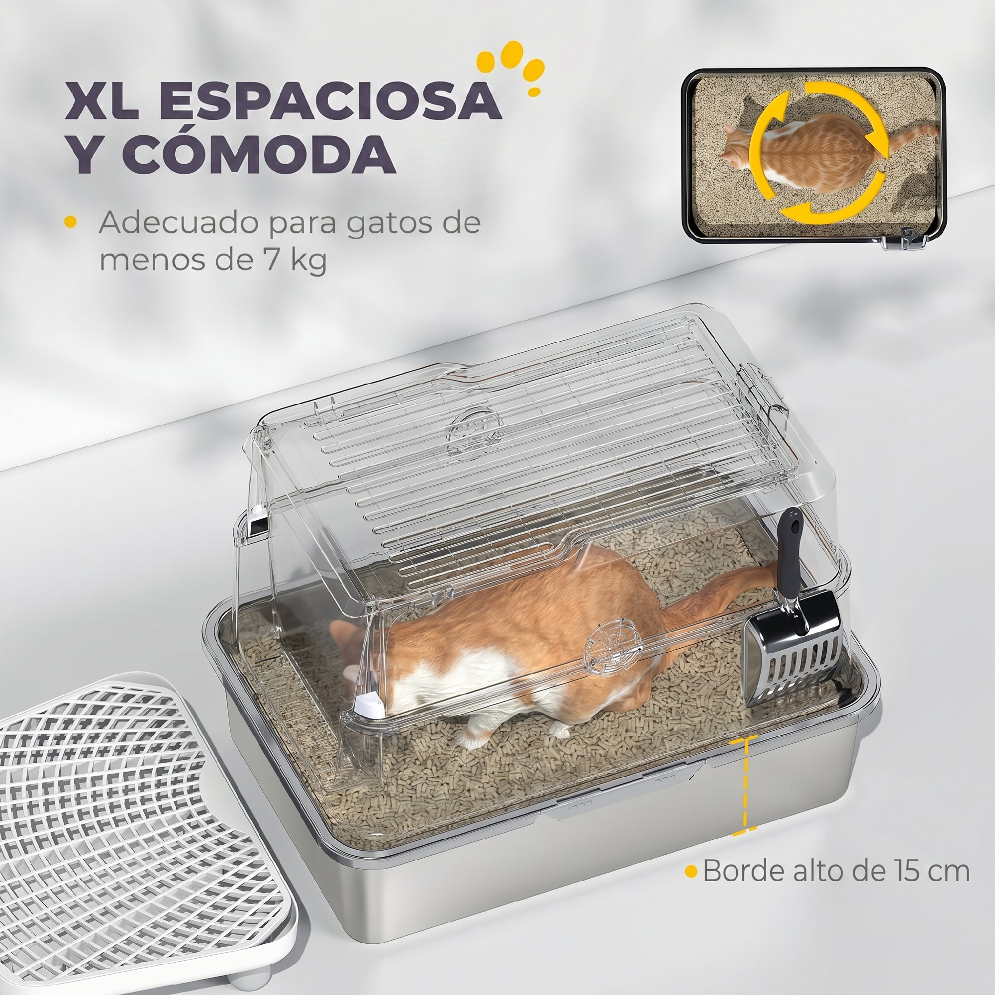 PawHut Arenero para Gatos de Acero Inoxidable XL, Caja de Arena Cerrada para Gatos Grandes, Arenero Extragrande con Tapa Abatible, Borde Alto, Pala Metálica, Fácil Limpiar, Antifugas, Gris Claro