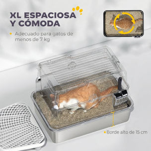 PawHut Arenero para Gatos de Acero Inoxidable XL, Caja de Arena Cerrada para Gatos Grandes, Arenero Extragrande con Tapa Abatible, Borde Alto, Pala Metálica, Fácil Limpiar, Antifugas, Gris Claro