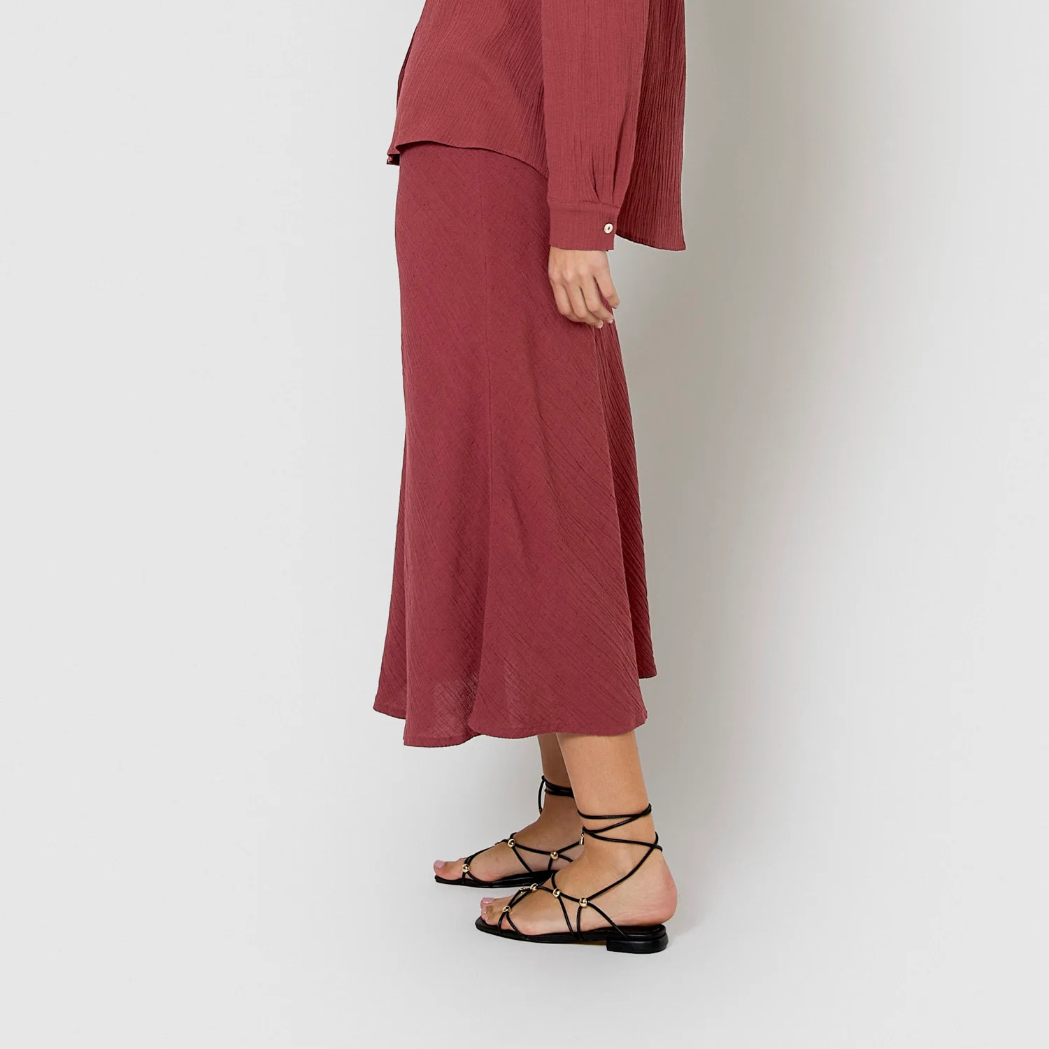 Falda midi evasé algodón lino malva/rosa