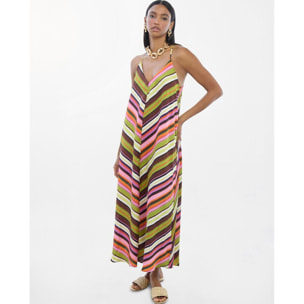 Abito in raso con spalline sottili e stampa multi-righe