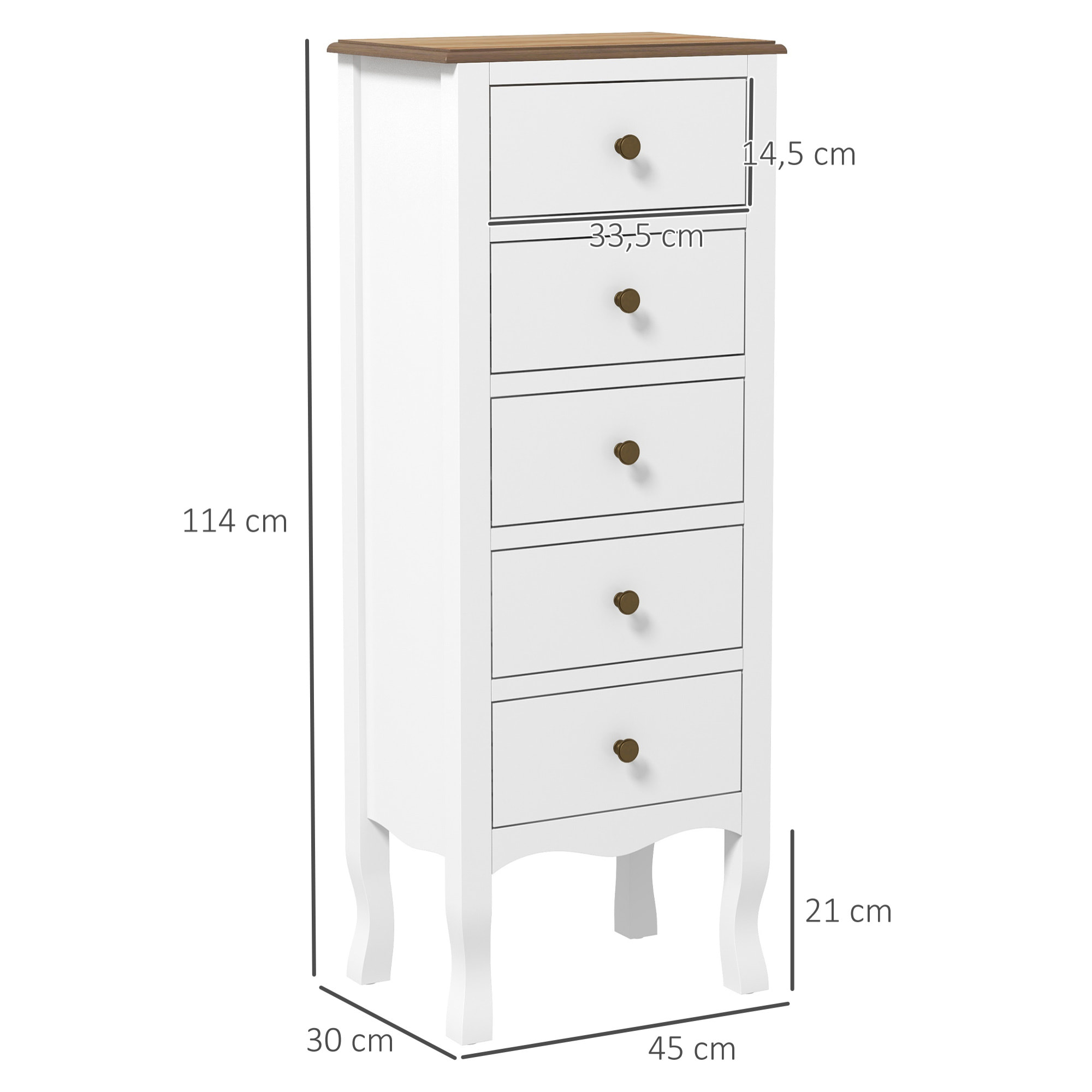 Meuble de rangement chiffonnier style néo-rétro 5 tiroirs poignées boutons bois MDF blanc
