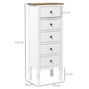 Meuble de rangement chiffonnier style néo-rétro 5 tiroirs poignées boutons bois MDF blanc