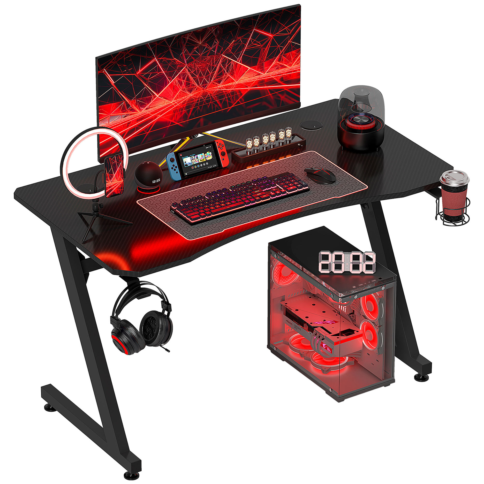 Bureau gaming plateau effet fibre de carbone dim. 120L x 65l cm bracket casque porte-gobelet passe-câble noir