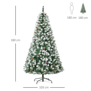 HOMCOM Árbol de Navidad Artificial 180 cm con Nieve Ignífugo con 800 Ramas 61 Piñas Hojas de PVC Apertura Automática Base Plegable y Soporte Metálico Decoración Navideña para Interiores Verde