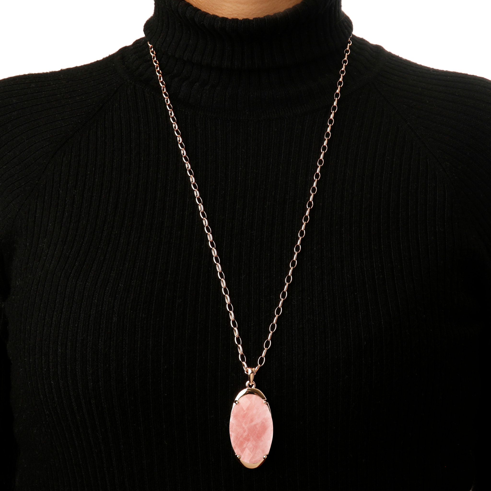 Collana Lunga Catena Rolo con Pendente in Pietra Naturale Ovale Quarzo Rosa