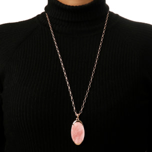 Collana Lunga Catena Rolo con Pendente in Pietra Naturale Ovale Quarzo Rosa