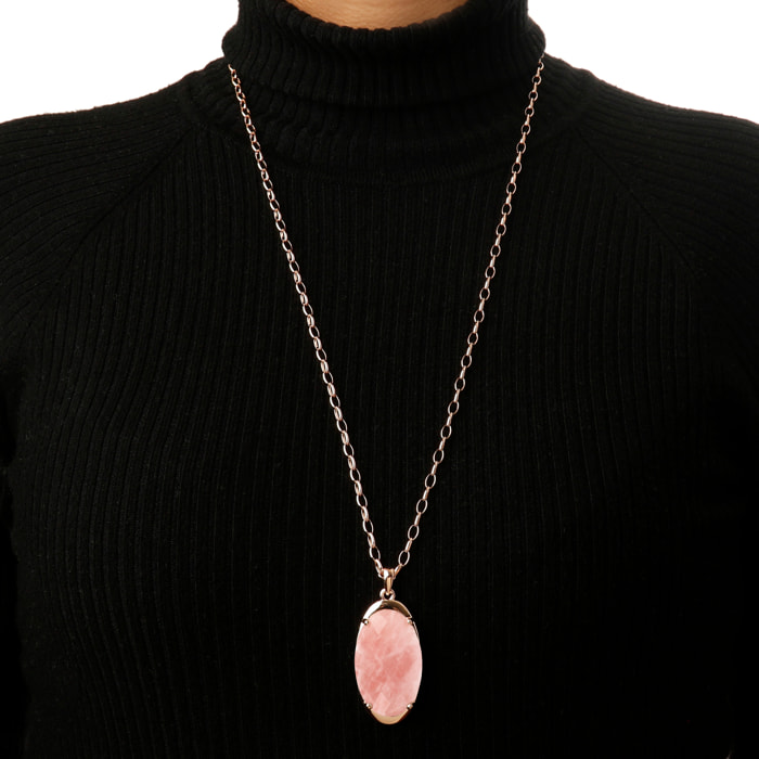 Collana Lunga Catena Rolo con Pendente in Pietra Naturale Ovale Quarzo Rosa