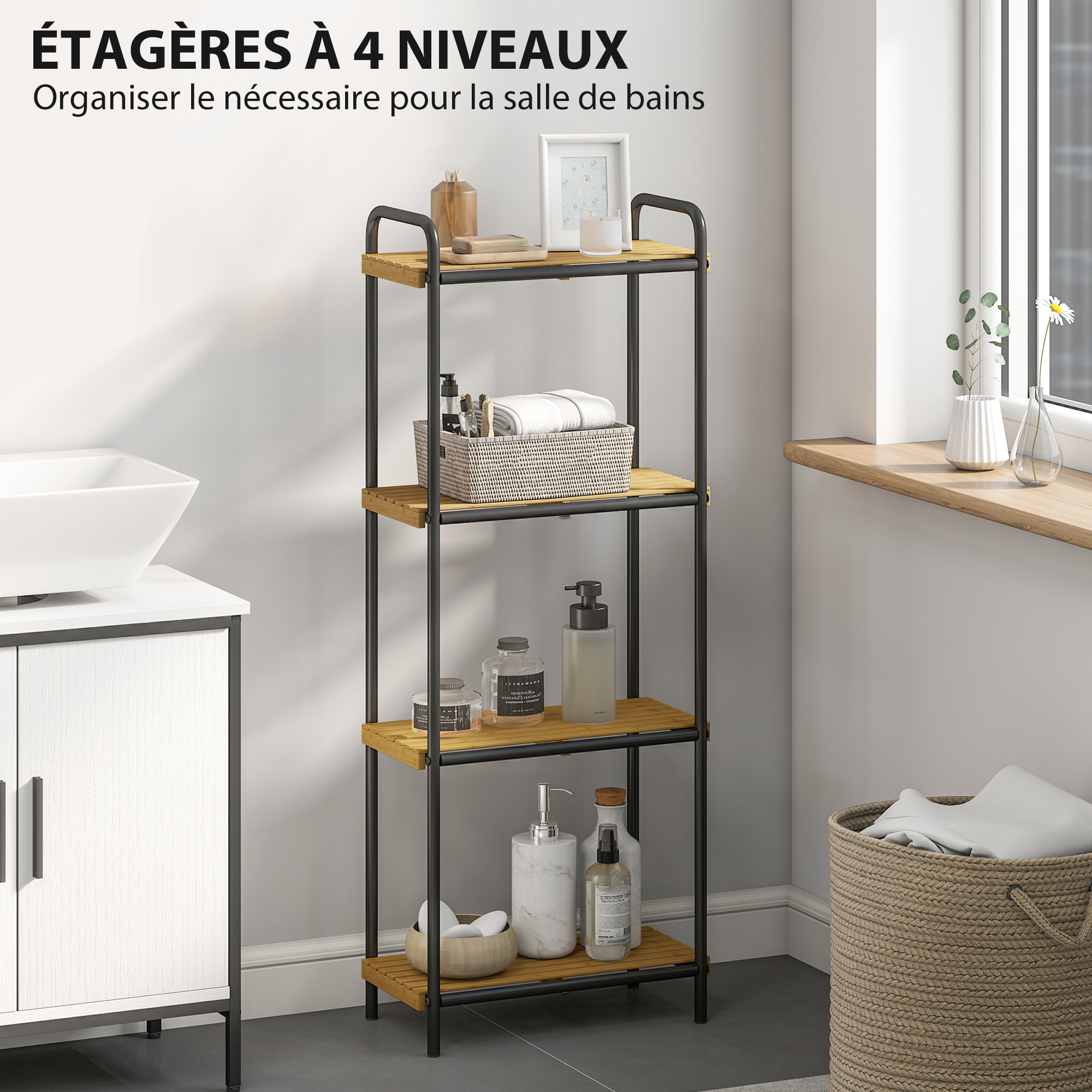 Étagère salle de bain bambou, 4 niveaux, étagère de rangement étroite autoportante cadre en acier pour salon, salle à manger, balcon, cuisine, 41,5 x 21,5 x 106 cm, noir et effet bois naturel