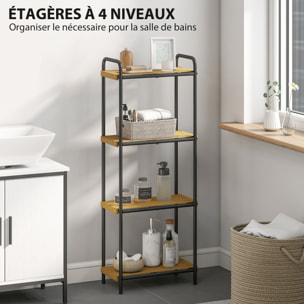 Étagère salle de bain bambou, 4 niveaux, étagère de rangement étroite autoportante cadre en acier pour salon, salle à manger, balcon, cuisine, 41,5 x 21,5 x 106 cm, noir et effet bois naturel