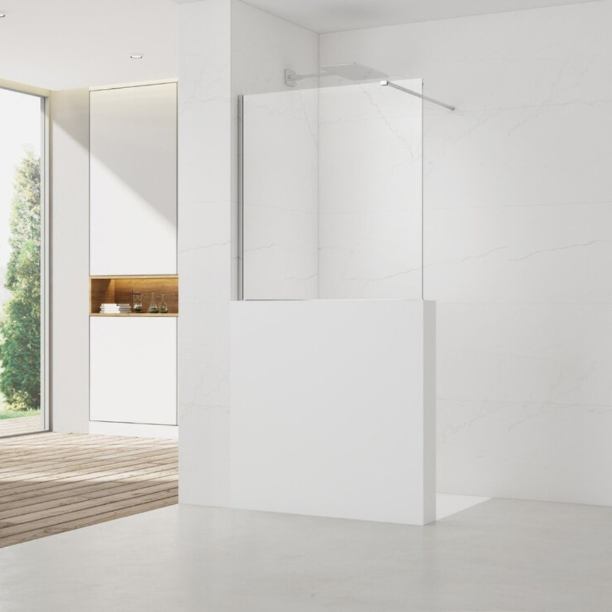 Pare-muret 110x100cm Paroi en verre Crystal Glass® 8 mm anticalcaire, avec bras et profilés chrome brillant (SATBWIS110PR)