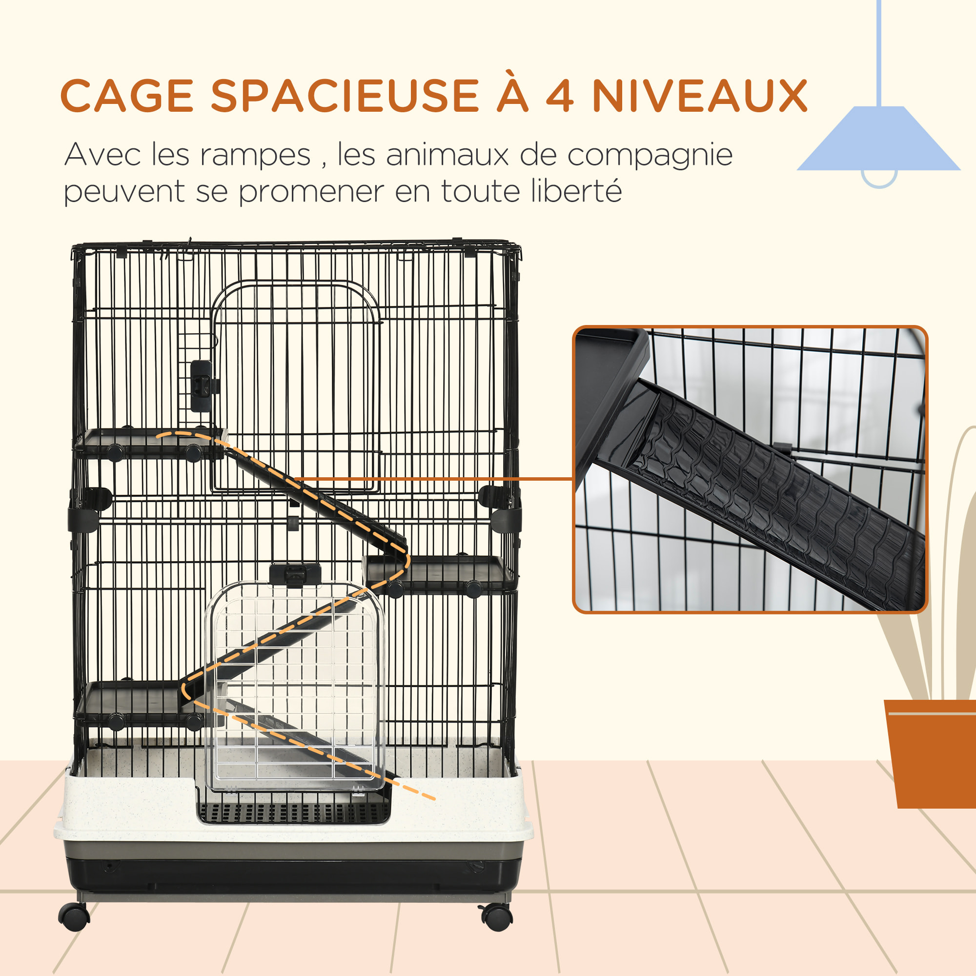 PawHut Cage pour cochons d'Inde chinchilla rongeur sur roulettes - 3 étages, rampes, 2 portes + trappe, plateau excrément amovible - métal PP noir gris