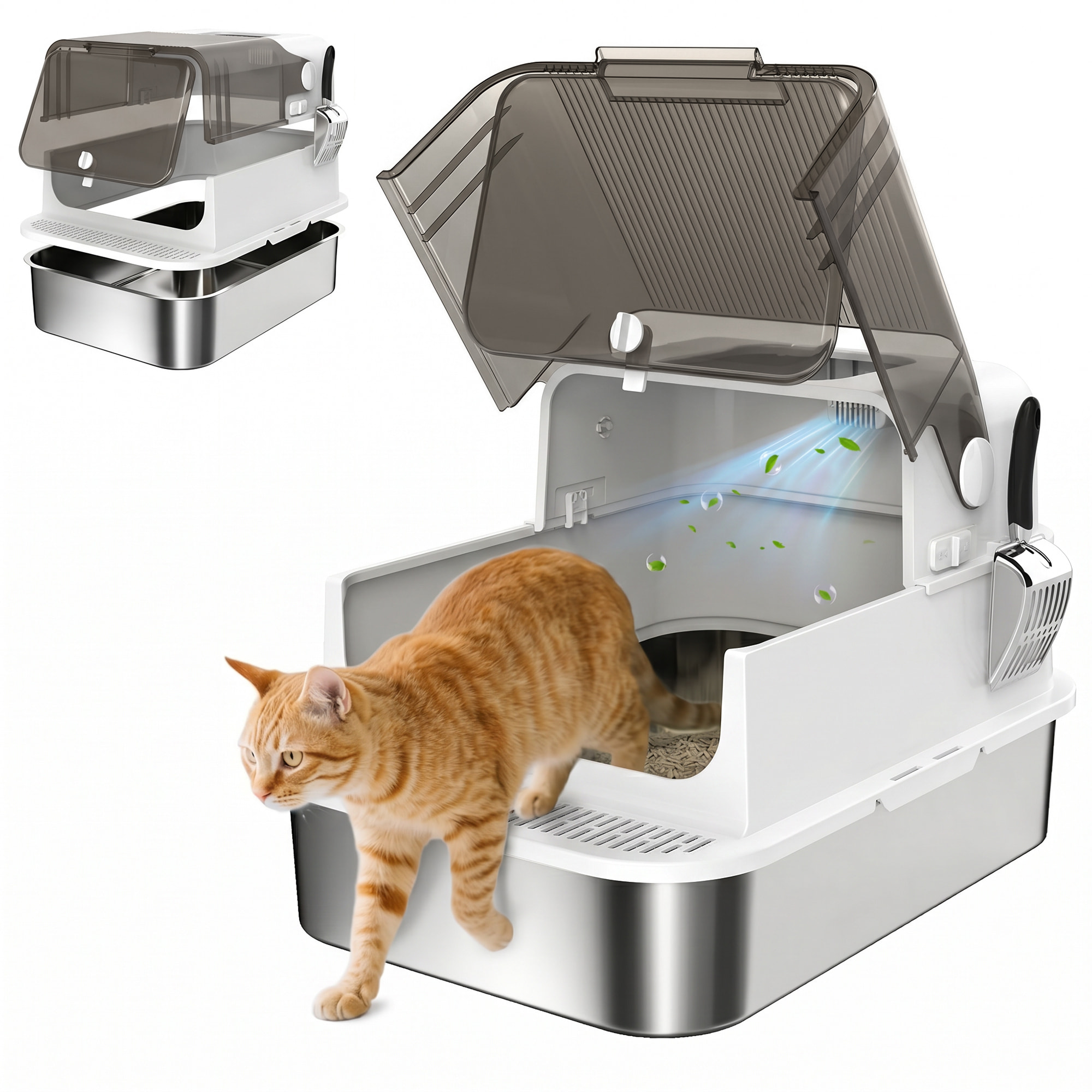 Arenero para Gatos de Acero Inoxidable XXL, Caja de Arena para Gatos Grandes, Arenero con Tapa Abatible, Laterales Altos, Entrada Superior, Pala, sin Olores, Fácil de Limpiar, Antifugas, Blanco