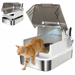 Arenero para Gatos de Acero Inoxidable XXL, Caja de Arena para Gatos Grandes, Arenero con Tapa Abatible, Laterales Altos, Entrada Superior, Pala, sin Olores, Fácil de Limpiar, Antifugas, Blanco