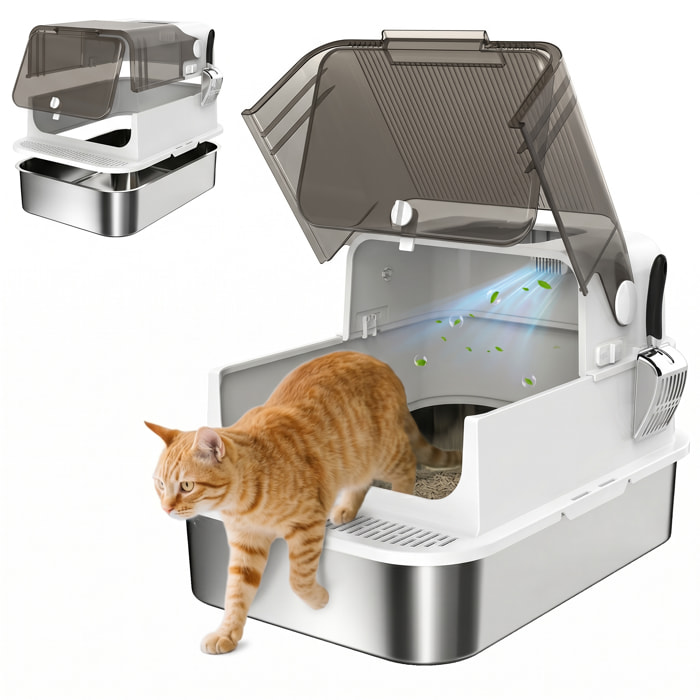 Arenero para Gatos de Acero Inoxidable XXL, Caja de Arena para Gatos Grandes, Arenero con Tapa Abatible, Laterales Altos, Entrada Superior, Pala, sin Olores, Fácil de Limpiar, Antifugas, Blanco