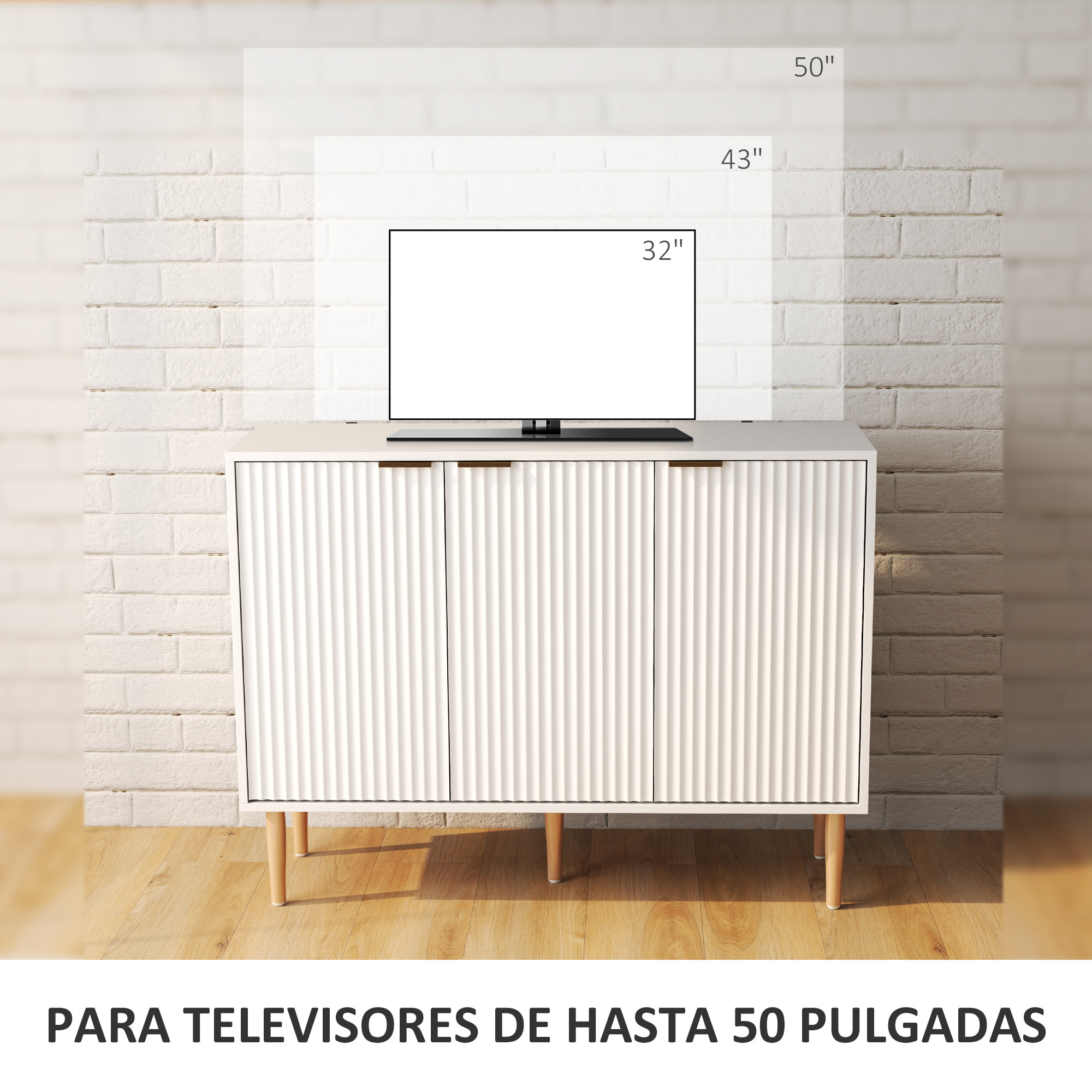 Aparador de 3 Puertas Acanaladas Aparador de Salón con Estante Ajustable Mueble para TV para Dormitorio Sala de Estar 107x35x80 cm Blanco