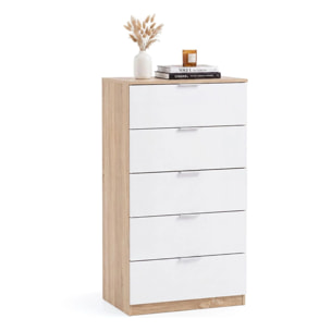 Cómoda alta de 5 cajones en blanco artik y roble canadian 60x110 cm Akari Blanco Artik (Blanco Mate) - Roble Canadian