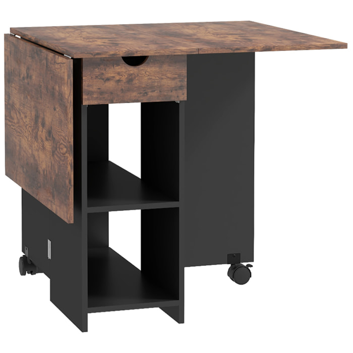 Table de cuisine rabattable - table à manger pliable 2-4 personnes - étagères, tiroir - noir effet bois