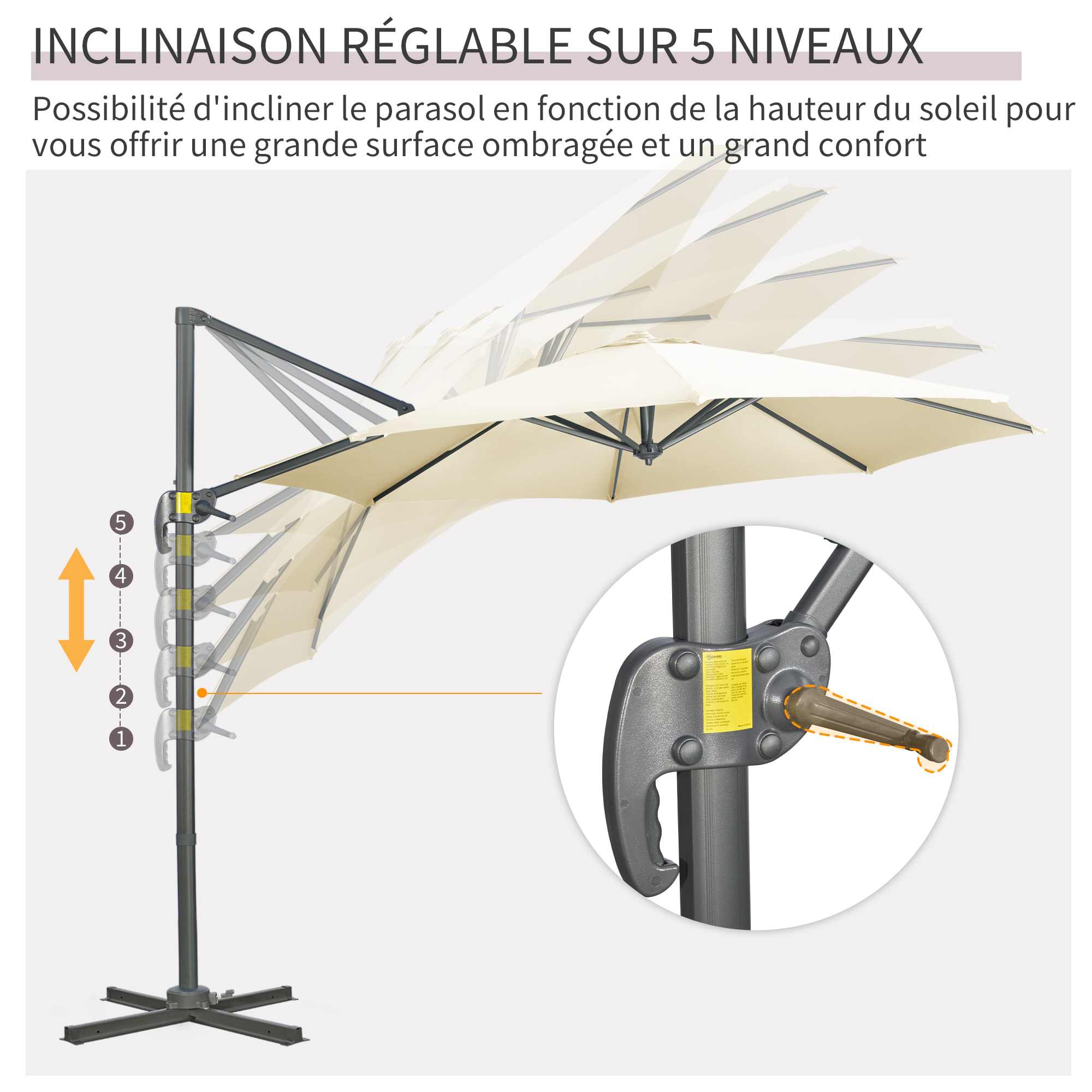 Parasol déporté octogonal inclinable manivelle avec pied en acier Ø 2,94 x 2,48H m beige clair