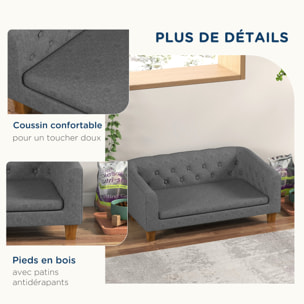 Canapé chien lit pour chien style Chesterfield dossier capitonné coussin moelleux pieds bois polyester gris