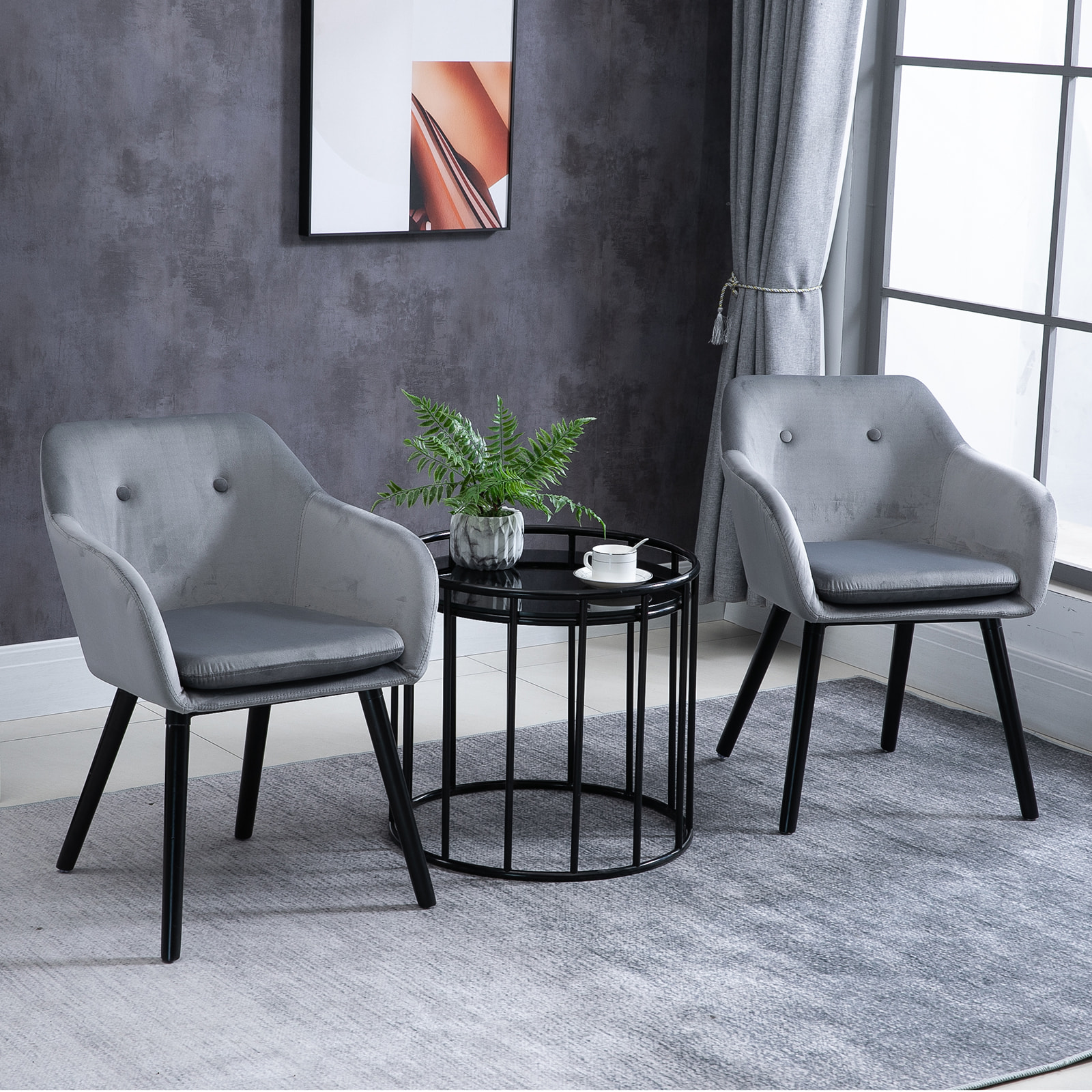 Chaises de visiteur design scandinave - lot de 2 chaises - pieds effilés bois noir - assise dossier accoudoirs ergonomiques velours gris