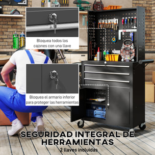 Carro de Herramientas con 3 Cajones y Tabla de Pegboard, Carro de Taller, Cerradura por Llave, Estante Ajustable, 2 Ruedas con Freno de Bloqueo, Negro